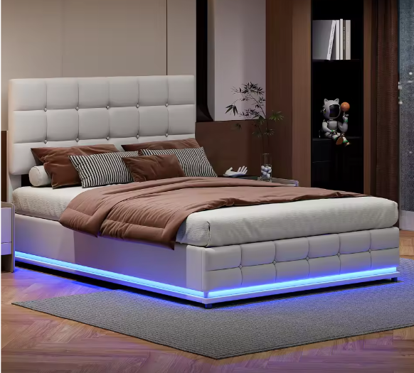 Gestoffeerd Tweepersoons Opbergbed met LED en Hydraulisch Systeem 140×200 cm