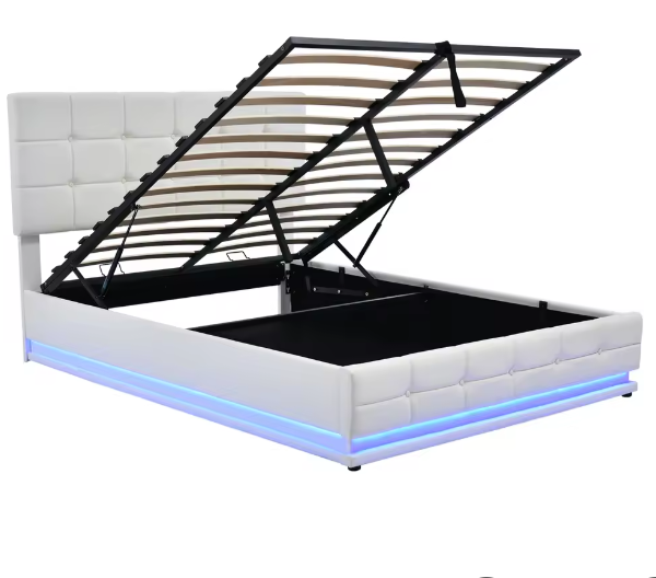 Gestoffeerd Tweepersoons Opbergbed met LED en Hydraulisch Systeem 140×200 cm