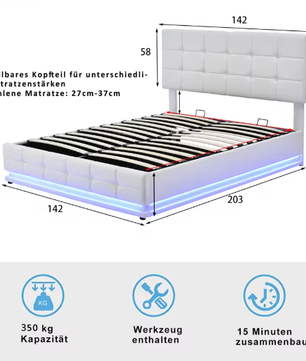 Gestoffeerd Tweepersoons Opbergbed met LED en Hydraulisch Systeem 140×200 cm
