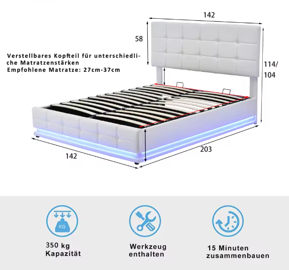 Gestoffeerd Tweepersoons Opbergbed met LED en Hydraulisch Systeem 140×200 cm