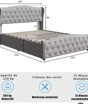 Gewatteerd Tweepersoons Hydraulisch Opbergbed 140–160×200 cm