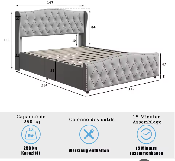 Gewatteerd Tweepersoons Hydraulisch Opbergbed 140–160×200 cm