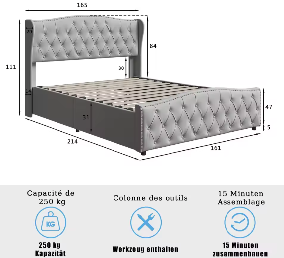 Gewatteerd Tweepersoons Hydraulisch Opbergbed 140–160×200 cm