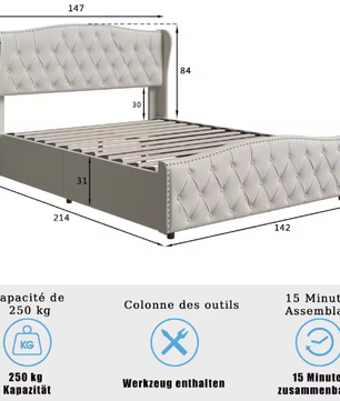 Gewatteerd Tweepersoons Hydraulisch Opbergbed 140–160×200 cm