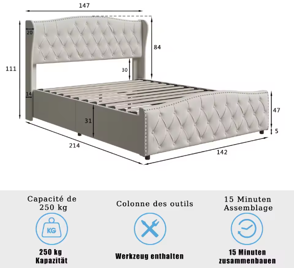 Gewatteerd Tweepersoons Hydraulisch Opbergbed 140–160×200 cm