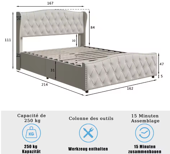 Gewatteerd Tweepersoons Hydraulisch Opbergbed 140–160×200 cm