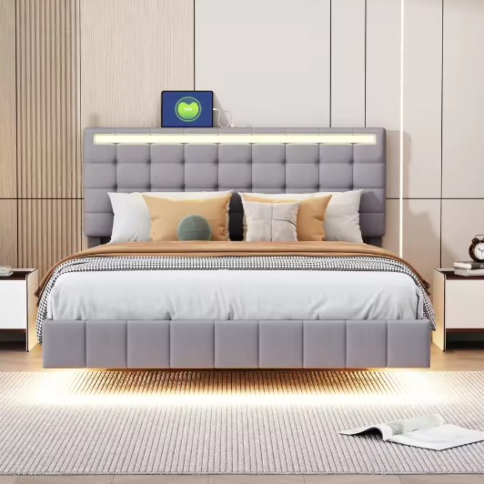 Gestoffeerd Zwevend Tweepersoonsbed met LED en USB – 140/160×200 cm