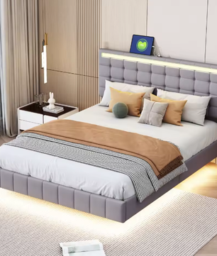 Gestoffeerd Zwevend Tweepersoonsbed met LED en USB – 140/160×200 cm