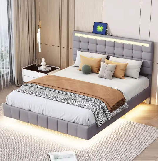 Gestoffeerd Zwevend Tweepersoonsbed met LED en USB – 140/160×200 cm