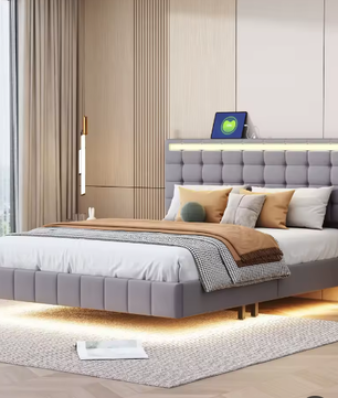 Gestoffeerd Zwevend Tweepersoonsbed met LED en USB – 140/160×200 cm