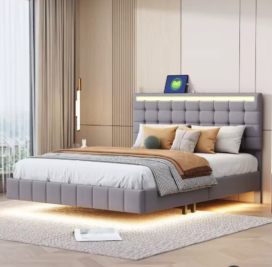 Gestoffeerd Zwevend Tweepersoonsbed met LED en USB – 140/160×200 cm