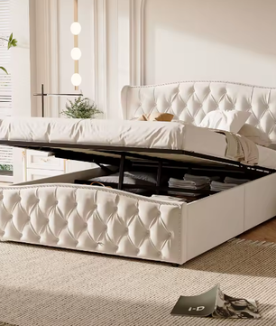 Gestoffeerd Tweepersoons Opbergbed 160×200 cm met Golfhoofdeinde