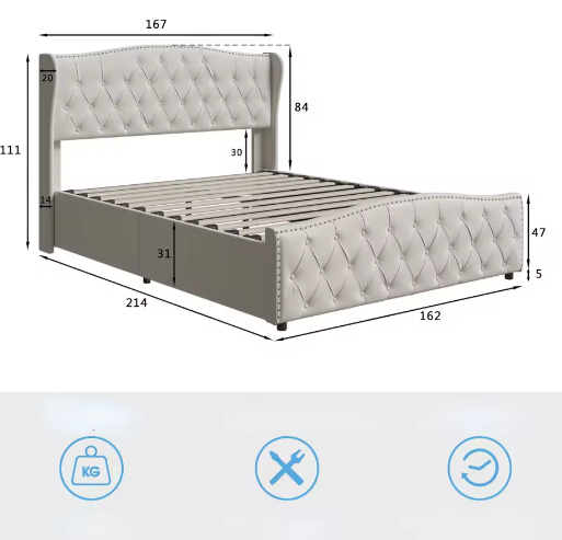 Gestoffeerd Tweepersoons Opbergbed 160×200 cm met Golfhoofdeinde