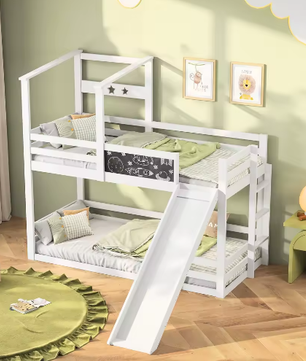 Kinderstapelbed met Glijbaan, Ladder en Schoolbord – Massief Hout, Veilig en Speels Ontwerp