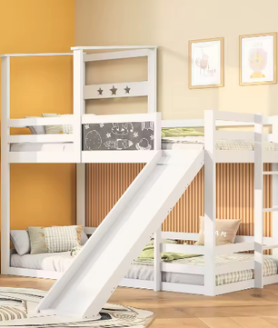 Kinderstapelbed met Glijbaan, Ladder en Schoolbord – Massief Hout, Veilig en Speels Ontwerp
