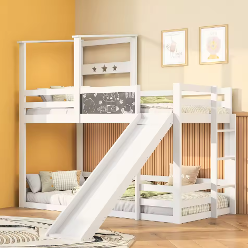 Kinderstapelbed met Glijbaan, Ladder en Schoolbord – Massief Hout, Veilig en Speels Ontwerp