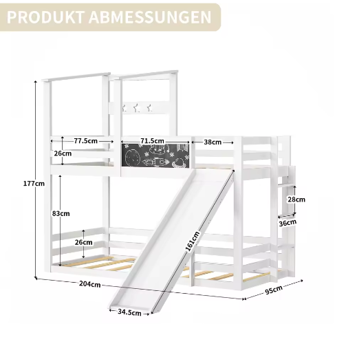 Kinderstapelbed met Glijbaan, Ladder en Schoolbord – Massief Hout, Veilig en Speels Ontwerp