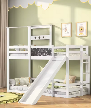 Kinderstapelbed met Glijbaan, Ladder en Schoolbord – Massief Hout, Veilig en Speels Ontwerp