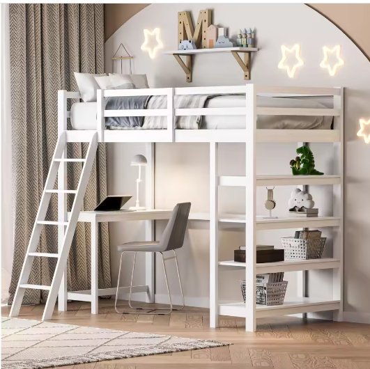 Houten stapelbed met bureau en planken 140×200 cm – massief hout