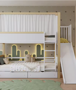 Kinderstapelbed 90×200 cm met glijbaan en 2 opberglades op wielen