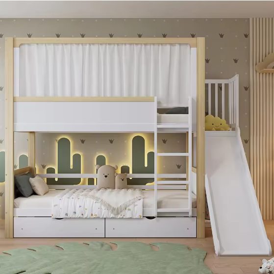 Kinderstapelbed 90×200 cm met glijbaan en 2 opberglades op wielen