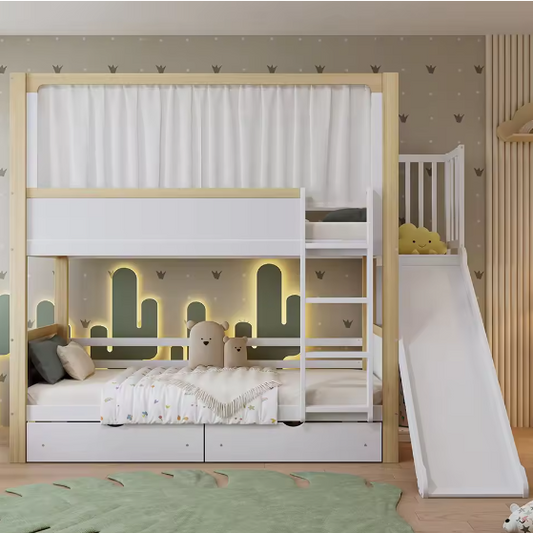 Kinderstapelbed 90×200 cm met glijbaan en 2 opberglades op wielen