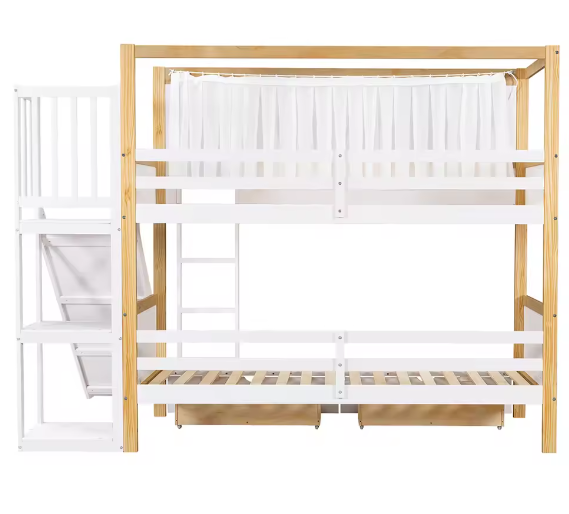 Kinderstapelbed 90×200 cm met glijbaan en 2 opberglades op wielen