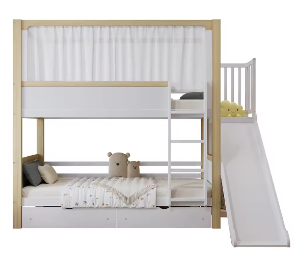 Kinderstapelbed 90×200 cm met glijbaan en 2 opberglades op wielen