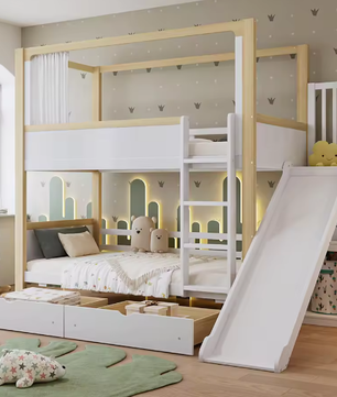 Kinderstapelbed 90×200 cm met glijbaan en 2 opberglades op wielen