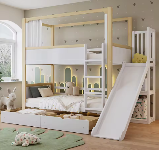 Kinderstapelbed 90×200 cm met glijbaan en 2 opberglades op wielen