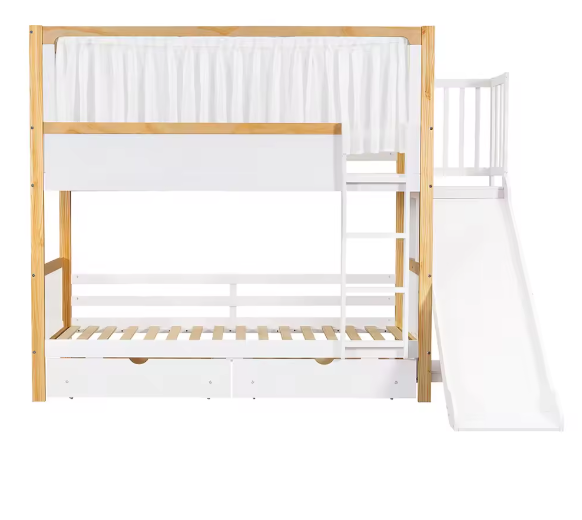 Kinderstapelbed 90×200 cm met glijbaan en 2 opberglades op wielen