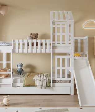 Kinderstapelbed met Glijbaan en Grote Lade – 90x200 cm, Massief Houten Frame