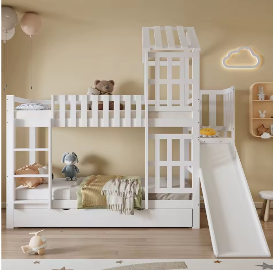 Kinderstapelbed met Glijbaan en Grote Lade – 90x200 cm, Massief Houten Frame