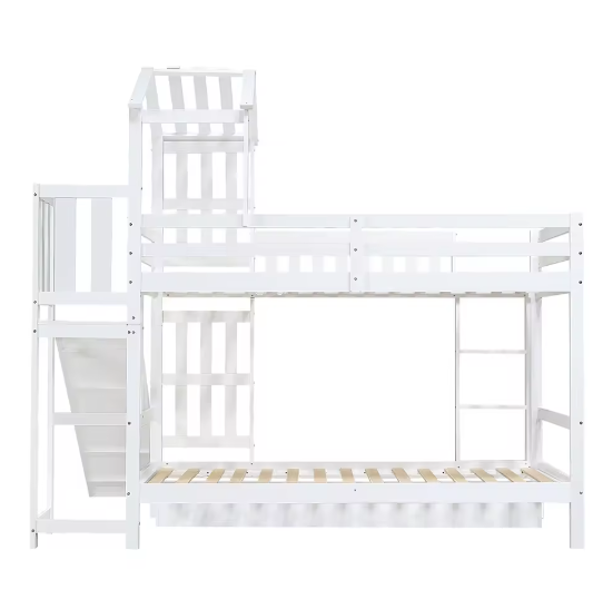 Kinderstapelbed met Glijbaan en Grote Lade – 90x200 cm, Massief Houten Frame