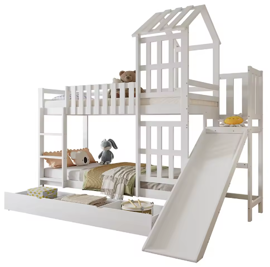 Kinderstapelbed met Glijbaan en Grote Lade – 90x200 cm, Massief Houten Frame
