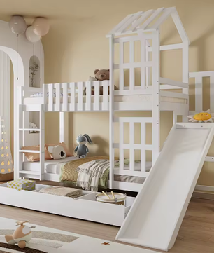 Kinderstapelbed met Glijbaan en Grote Lade – 90x200 cm, Massief Houten Frame