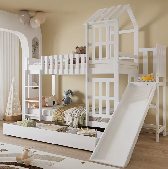 Kinderstapelbed met Glijbaan en Grote Lade – 90x200 cm, Massief Houten Frame