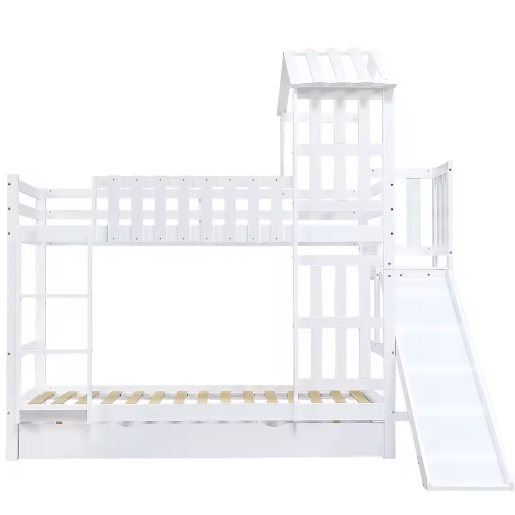 Kinderstapelbed met Glijbaan en Grote Lade – 90x200 cm, Massief Houten Frame