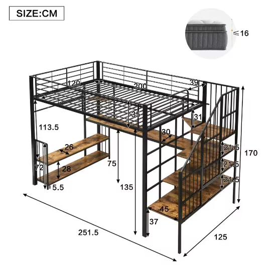 IJzeren Stapelbed met Zijladder, Oplaadaansluiting, Kledingrek enamp; Opbergruimte 120x200 cm