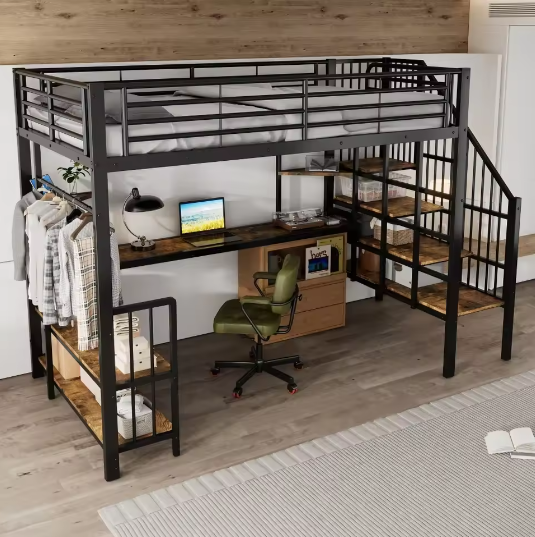 IJzeren Stapelbed met Zijladder, Oplaadaansluiting, Kledingrek enamp; Opbergruimte 120x200 cm