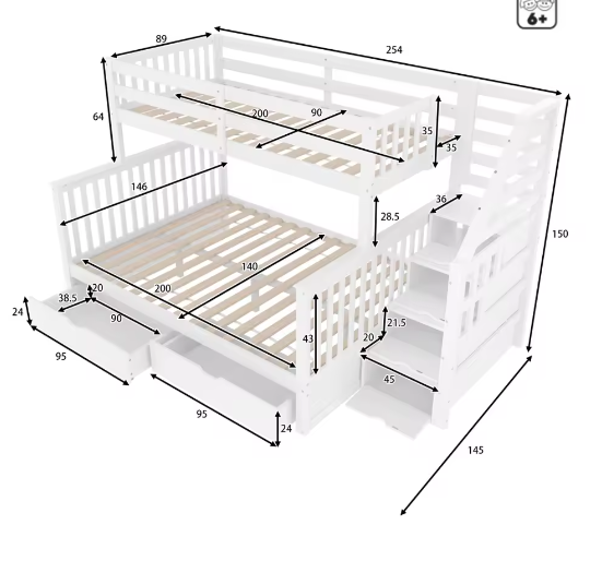 Moderne Stapelbedden 90x200 + 140x200 cm – Lades, Opbergruimte en Kinderbed