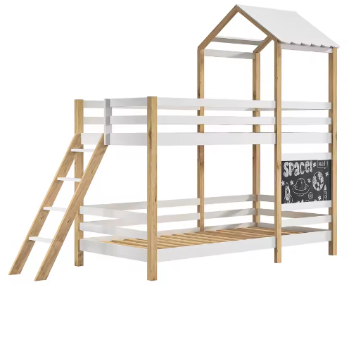 Kinder Stapelbed 90x200 cm met Glijbaan en Tekentafel – Massief Hout, Wit