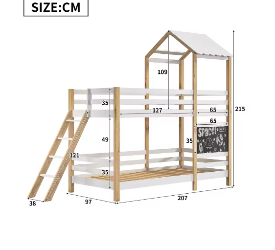 Kinder Stapelbed 90x200 cm met Glijbaan en Tekentafel – Massief Hout, Wit