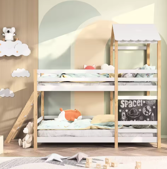 Kinder Stapelbed 90x200 cm met Glijbaan en Tekentafel – Massief Hout, Wit