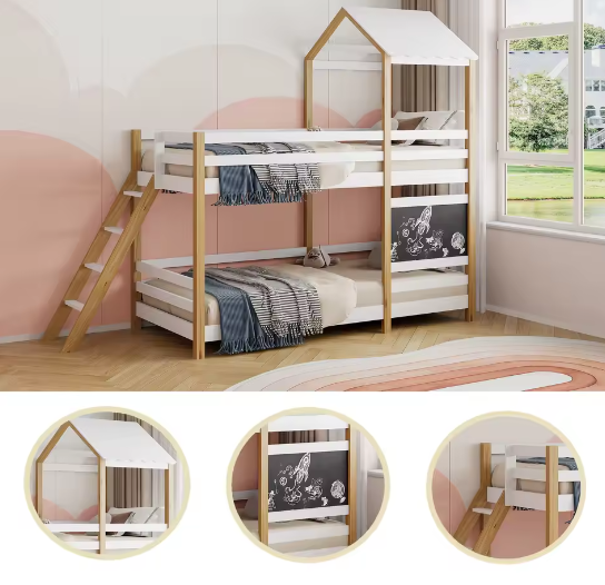 Kinder Stapelbed 90x200 cm met Glijbaan en Tekentafel – Massief Hout, Wit