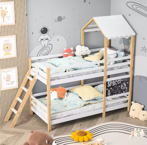 Kinder Stapelbed 90x200 cm met Glijbaan en Tekentafel – Massief Hout, Wit