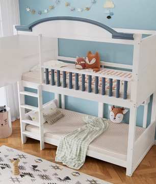 Stapelbed 90x200 cm voor kinderen – Veilig met dak, ladder, plank en hek, wit en blauw