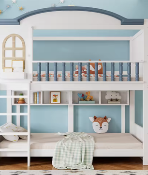 Stapelbed 90x200 cm voor kinderen – Veilig met dak, ladder, plank en hek, wit en blauw