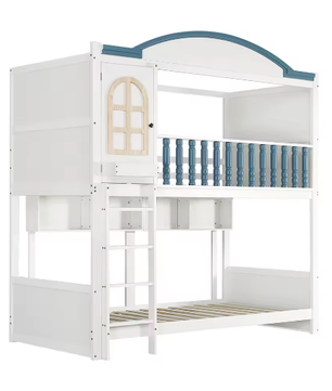 Stapelbed 90x200 cm voor kinderen – Veilig met dak, ladder, plank en hek, wit en blauw