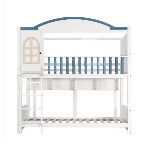 Stapelbed 90x200 cm voor kinderen – Veilig met dak, ladder, plank en hek, wit en blauw